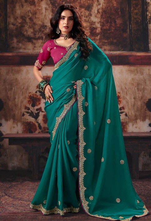 Teal & Pink Designer Style Festive Wear Saree